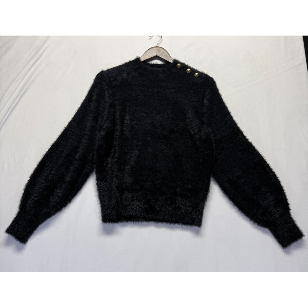 Banana Republic‎ Fuzzy Faux Fur Sweater Womens Medium Black Crest Button Detail